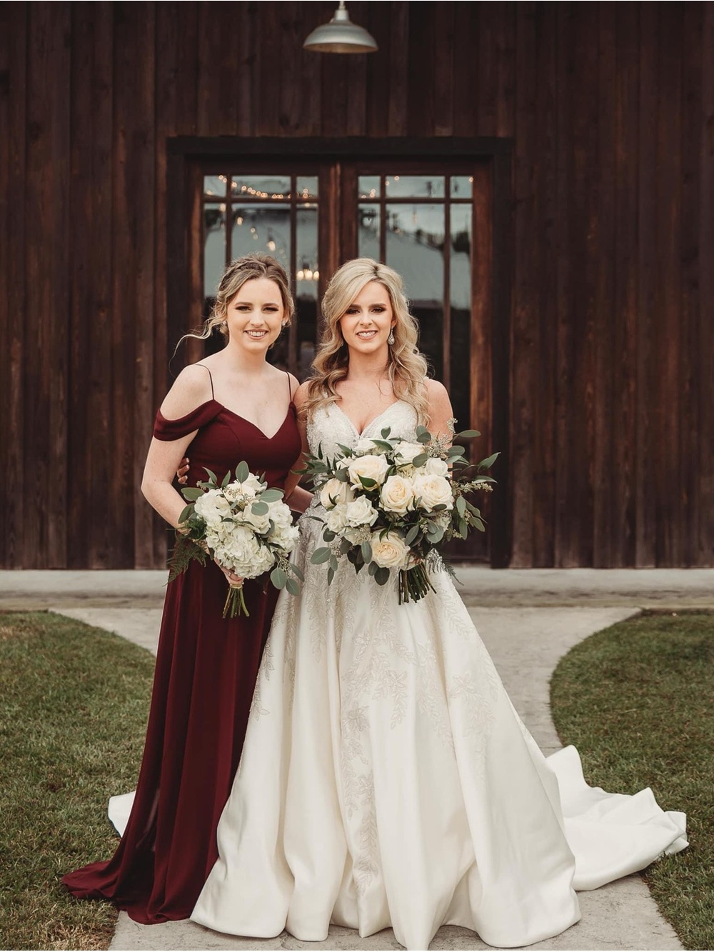 Bill Levkoff Burgundy Off-Shoulder Bridesmaid Gown